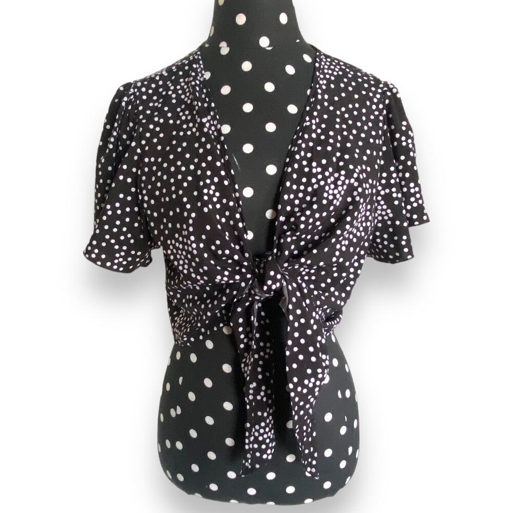 Shein Womens Blouse Sz S Black and White Polka Dot Tie Front Cropped Length